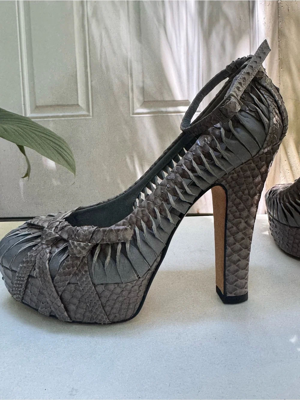 Dior Gray Woven Leather Platform Pumps with Ankle Strap